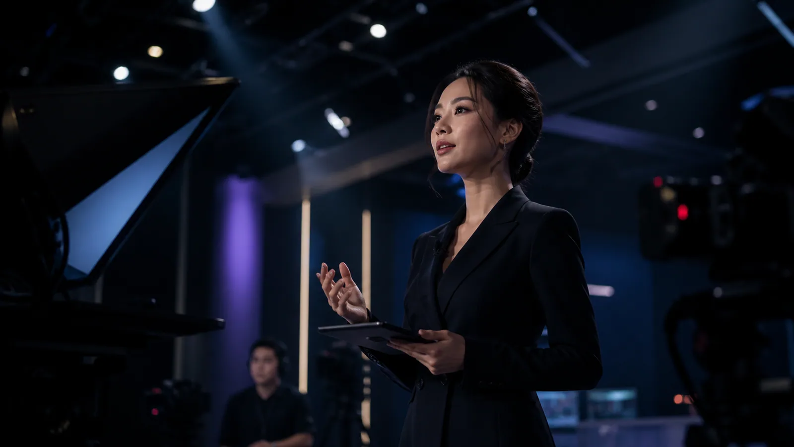 Nữ MC Việt Nam luyện dẫn trong trường quay truyền hình