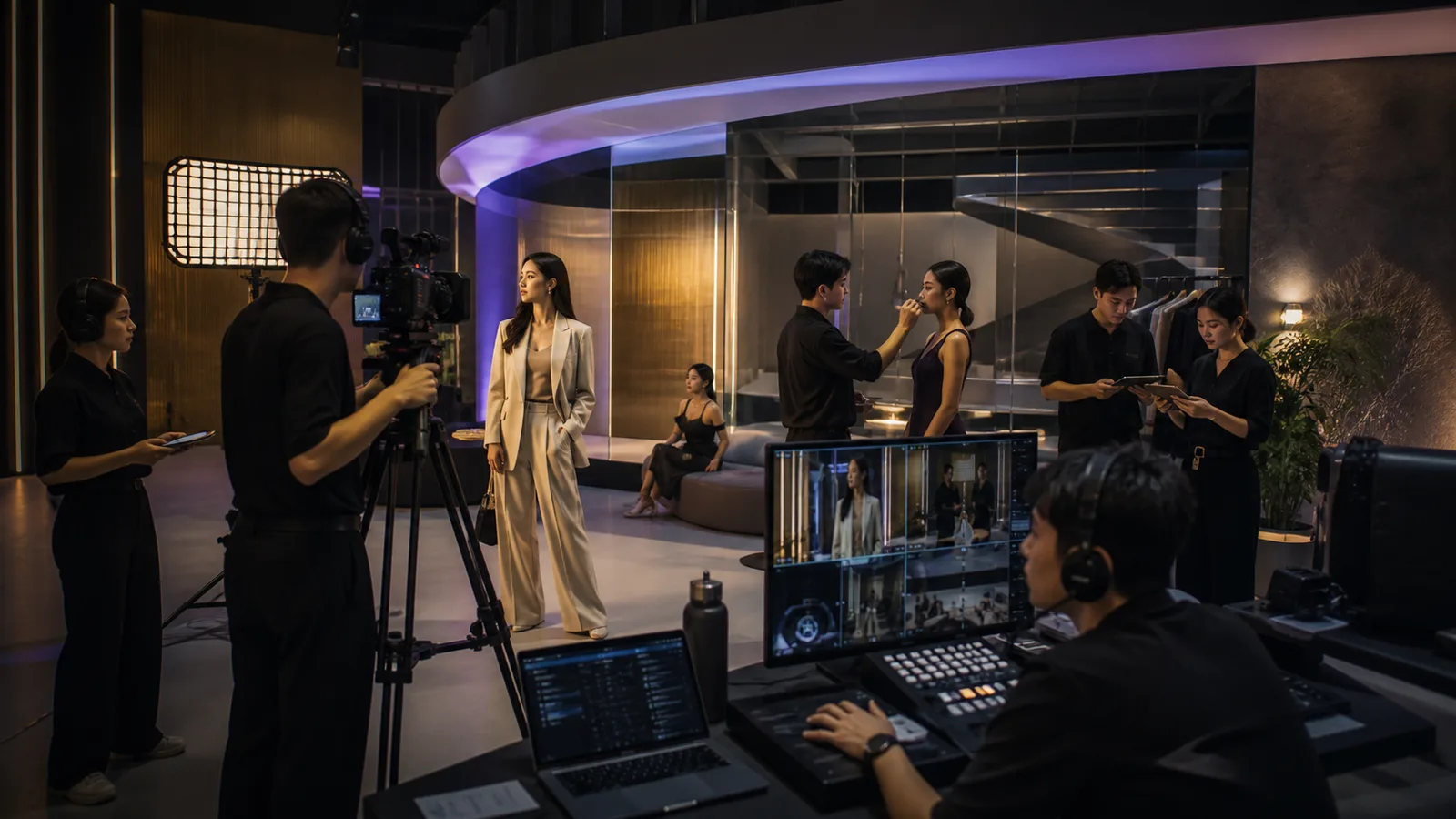 Concept trường quay nội dung với ê-kíp sản xuất, tài năng và hệ thống livestream